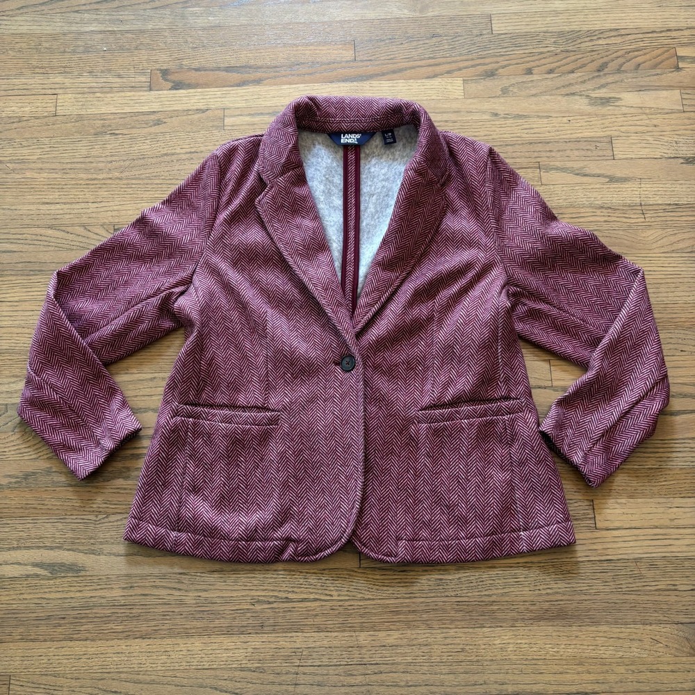 Lands End Womens Large Petite Maroon Herringbone Fleece Lined Blazer Jacket L/P